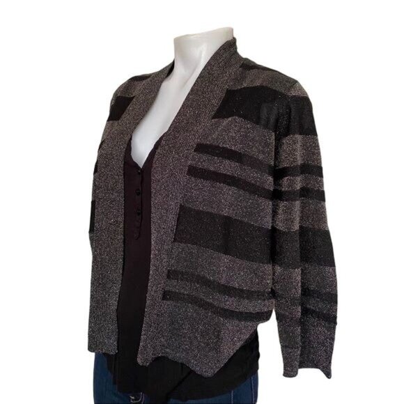August Silk Black & Gray Metallic Striped 3/4 Sleeve Cardigan Sweater Size L - Picture 12 of 12